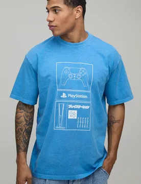 Herren Oversized PlayStation Lizenz Washed Print T-Shirt Blue Größe Large - boohooMAN - FashionsVida