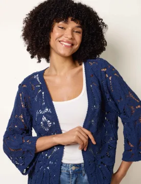 Crochet Tie Front Cardigan - S/M / NAVY - female - Blue Vanilla - FashionsVida
