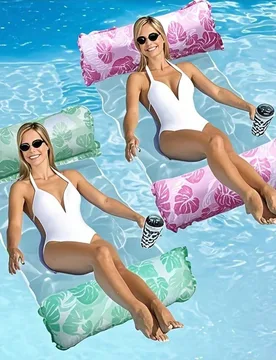 Pieza/2 piezas Hamaca de agua portátil y plegable con respaldo de malla, flotante, colchón inflable a rayas para piscina, deportes de playa, piscina - Shein - FashionsVida