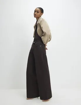 Womens Wide Leg Jeans Brown High Waisted Baggy Cotton - Size 8 Regular - River Island - FashionsVida