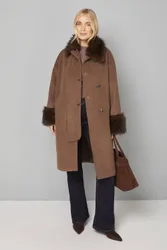 Petite Toggle Detail Faux Fur Collar Coat - Chocolate - Size: 16