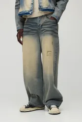 Mens Baggy Extreme Washed Bleached Jeans - Blue Cotton - Size 32r