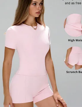 Shorts holgados con bolsillos + Camiseta corta, a prueba de sentadillas, con bolsillos ocultos laterales, tela con estiramiento en 4 direcciones, conj - Shein - FashionsVida