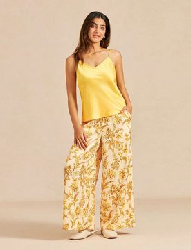 Conjunto de Pijama de Satén Amarillo & Dorado con Diseño Sexy de Espalda Descubierta - Top con Tirantes de Espagueti Elegante & Pantalones Anchos co