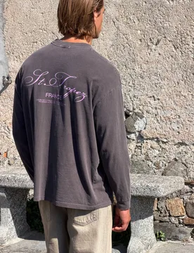 Men's Oversized St Tropez Print Long Sleeve T-Shirt Washed Chocolate Size Large Washed Chocolate L - boohooMAN - FashionsVida