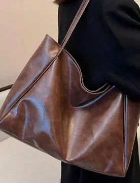 Bolso de mano grande de diseño vintage, bolso de hombro de cuero genuino para mujer, bolso de viaje y compras de otoño retro de gran capacidad, moch - Shein - FashionsVida