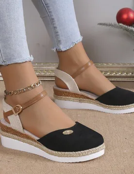 Nuevos zapatos de pescador con hebilla de correa, primavera/verano 2026, suela de paja con tacón de cuña, sandalias romanas de estilo bohemio con pu - Shein - FashionsVida