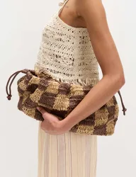 Straw Check Drawstring Beach Bag Natural Mix female