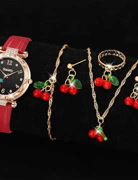 Set de 6 piezas de reloj de mujer con correa de piel de PU roja, reloj de cuarzo minimalista de moda con elemento de fruta, incluye pulsera, collar y - Shein - FashionsVida