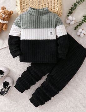 Conjunto de 2 piezas para niños Otoño/Invierno con textura acanalada y suave, camiseta de manga larga con cuello alto y pantalones, adecuado para us