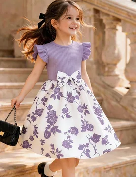 Vestido de princesa de verano para niñas con estampado de rosas negro y blanco, manga de casquillo, parche, cintura ceñida, falda esponjosa, estilo - Shein - FashionsVida
