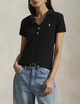 Polo nera Polo in piquè di misto cotone con chiusura a 5 bottoni e logo bianco ricamato - Ralph Lauren - FashionsVida