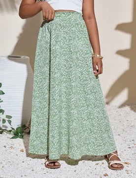 Falda midi casual de vacaciones con estampado floral sencillo para niñas preadolescentes - Shein - FashionsVida