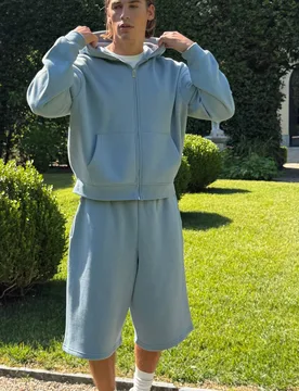 Men's Oversized Boxy Zip Through Hoodie and Baggy Short Tracksuit Dusty Blue Size Small Dusty Blue S - boohooMAN - FashionsVida