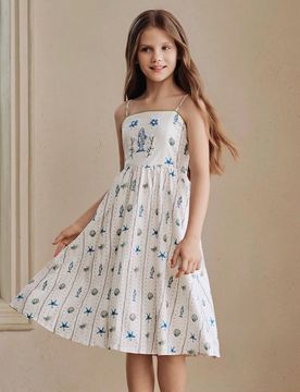 Vestido de tirantes finos con estampado de criaturas marinas lindas y bordado de estrella de mar para niñas, vestido de vacaciones