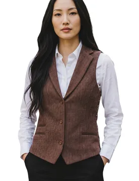 Women's Herringbone Wool Tweed Check Tailored Waistcoat - WS-1 in Brown Size: 18 - Brown - Size: 18 - Infinity Leather - FashionsVida