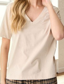 T-shirt in cotone con scollo a V - beige
