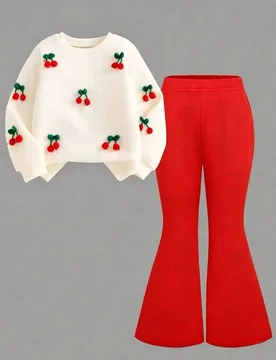 Conjunto de blusa blanca con cuello redondo y estampado de cerezas + pantalones acampanados rojos para niñas, ¡estilo dulce talla grande vendido! Bl - Shein - FashionsVida