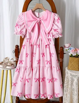 Vestido casual y lindo con cuello de marinero y mangas cortas abullonadas para niñas preadolescentes, adecuado para salidas y vacaciones - Shein - FashionsVida
