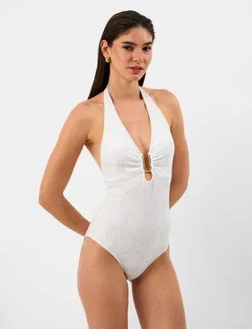 Textured Ring Detail Halterneck Swimsuit White female - Accessorize - FashionsVida