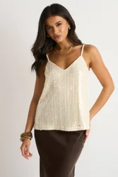 Women's Cream Sequin V Neck Cami Top Size: Small/Medium - Cream - Size: S/M