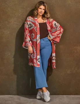 Printed Short Kimono Coral female - Live Unlimited London - FashionsVida