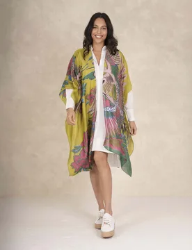 Kimono lungo verde oliva in modal e cupro con fantasia gru colorata - One Hundred Stars - FashionsVida