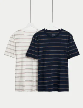 Pack Pure Cotton Striped T-Shirts Dark Navy Mix male - M&S - FashionsVida