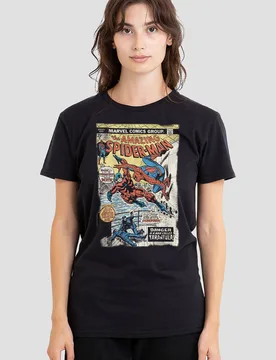 Women's Spiderman Retro Tarantula Cover T-Shirt, Black Size: Medium - Black - Size: M - Marvel - FashionsVida