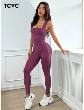 Mono de activewear con lavado de arena para mujer, mono deportivo de ajuste ceñido, sin mangas, cómodo y transpirable, adecuado para yoga, gimnasio, - Shein - FashionsVida