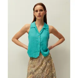 Chaleco de mujer en lino y cuello camisero
