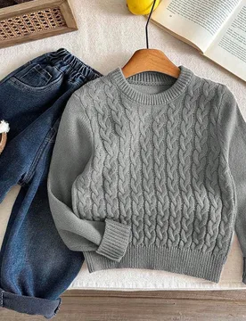 Suéter casual de otoño para niño pequeño con cuello redondo, manga larga y tejido de punto de cable - Shein - FashionsVida