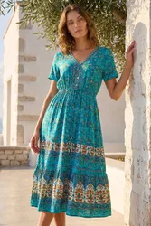 Women's Petite Floral Border Print Midi Dress in Blue Size: 18 - Blue - Size: 18