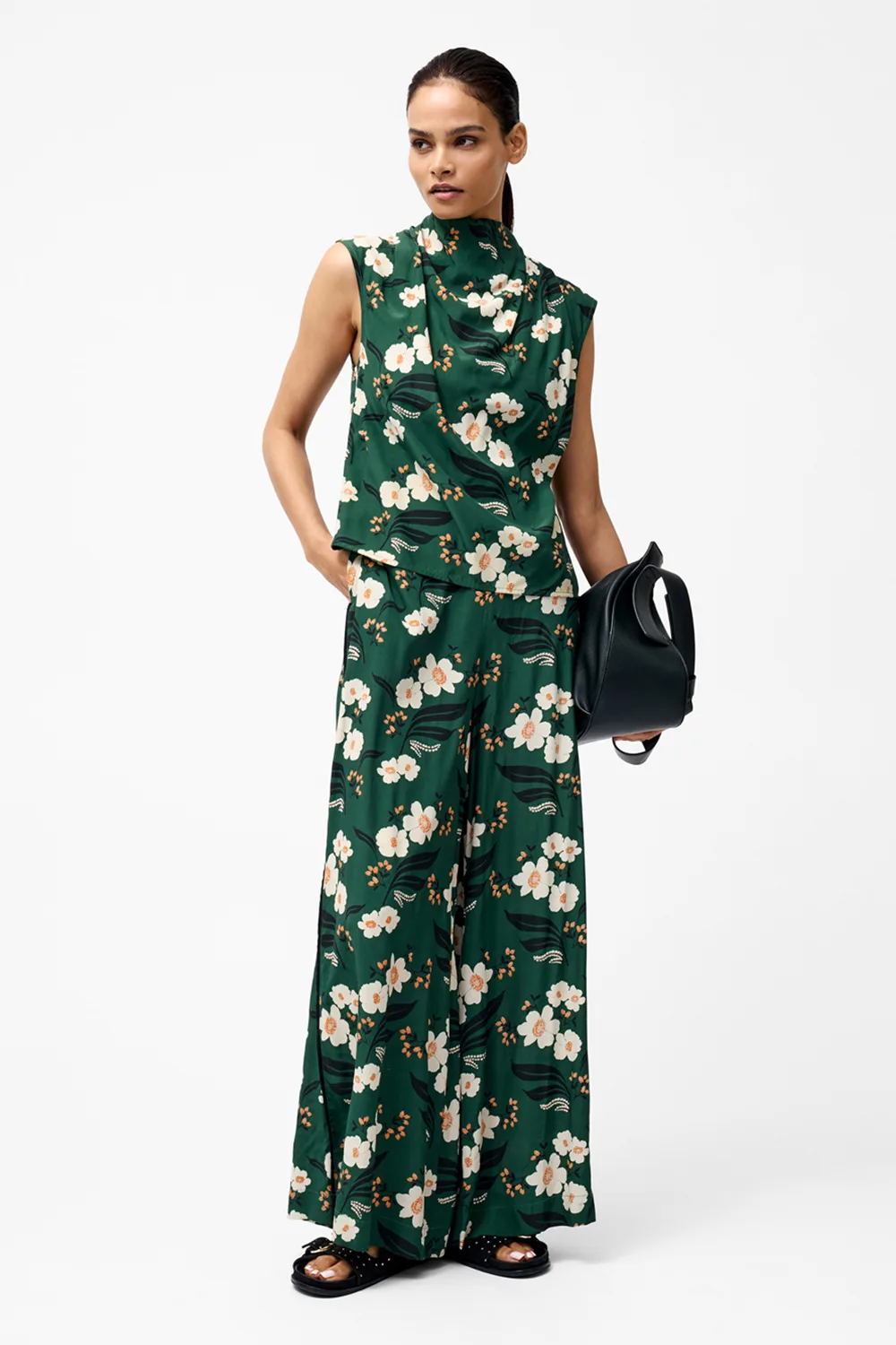 Womens Green Floral Print High Neck Sleeveless Draped Top - Size Medium - French connection - FashionsVida