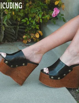 Platform Wedge Clog Mules Rivet Peep Toe Slippers Studs Cork Wrap Wedge Clogs Vintage Style Suede Leather Summer Shoes for Women - Aliexpress - FashionsVida