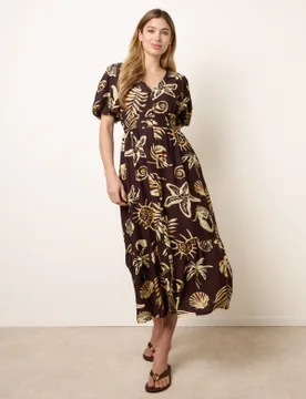 Tropical Button Through Midi Dress - L / CHOCOLATE - female - Blue Vanilla - FashionsVida