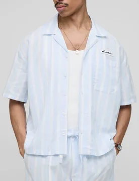 Men's Oversized Boxy Linen Look Stripe Pocket Detail Shirt Light Blue Size X-Large Light Blue XL - boohooMAN - FashionsVida