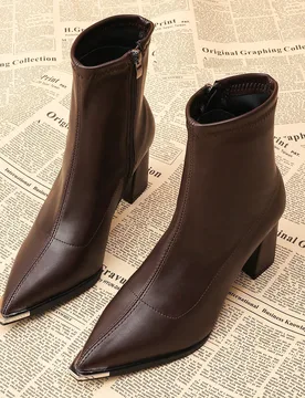 Nuevas botas de tobillo de cuero de punta afilada de estilo vintage marrón para mujer, temporada otoño/invierno 2025, tacón alto, cremallera latera - Shein - FashionsVida