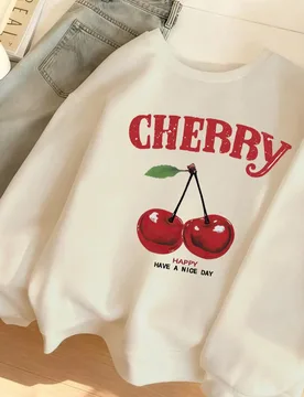 Pieza Sudadera casual de cuello redondo con estampado de cerezas para niñas, sudadera de manga larga gruesa para estudiantes en otoño/invierno - Shein - FashionsVida