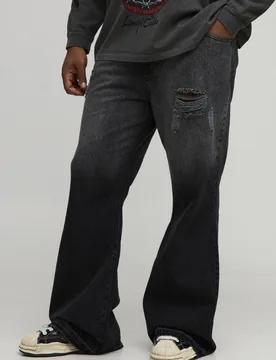 Men's Plus Ripped Let Down Hem Rigid Flared Jeans Washed Black Size 38 Washed Black 38 - boohooMAN - FashionsVida