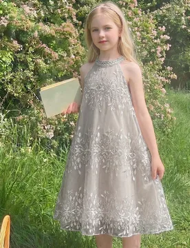 Elegante vestido de princesa de lujo para niñas preadolescentes, color beige claro, ideal para el verano, con cuello alto color albaricoque, exquisit - Shein - FashionsVida
