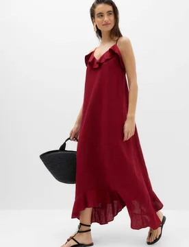 Linen Cotton Blend Ruffle Maxi Dress Dark Red female - M&S - FashionsVida