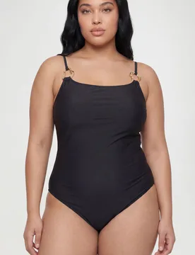 Womens Plus Gold Trim Square Neck Swimsuit - Black Polyamide - Size 24 Uk - Boohoo - FashionsVida