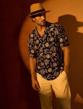 Camicia in viscosa con motivo marino - blu scuro