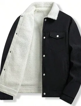 Chaqueta de pana forrada con forro térmico, abrigo acolchado grueso, versátil y elegante para jóvenes, de forro polar, invierno negro deportivo - Shein - FashionsVida