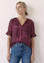 Kurzarm Bluse mit Split Neck und Print female Pink