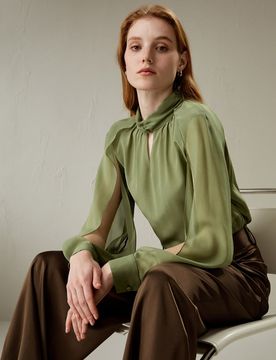 Camicetta Donna in Seta Elegante con Maniche a Lanterna Scollo a Nodo XXS