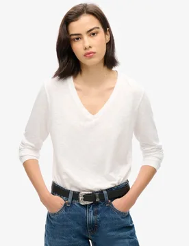 Superdry Damen Langärmeliges Jersey-oberteil mit V-ausschnitt Weiß - Größe: 40 - 44.99 - FashionsVida