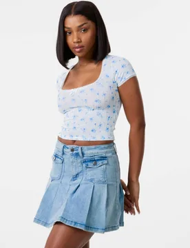 Women's Pointelle Ditsy Print Crop Top in Ivory Size: Large - Ivory - Size: L - Pink Vanilla - FashionsVida