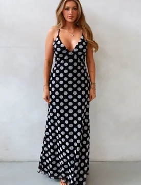 Womens Audrey Polka V-Neck Maxi Dress - Black - Size 2xs - Hiccup - FashionsVida